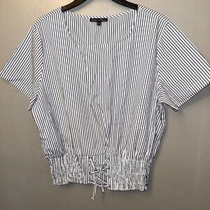 Allison Andrews shirt - white/blue striped smocked short sleeve with corset tie